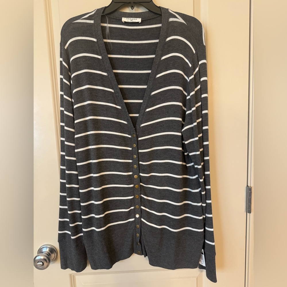Zenana Outfitters Charcoal and White Striped Button-Front Cardigan